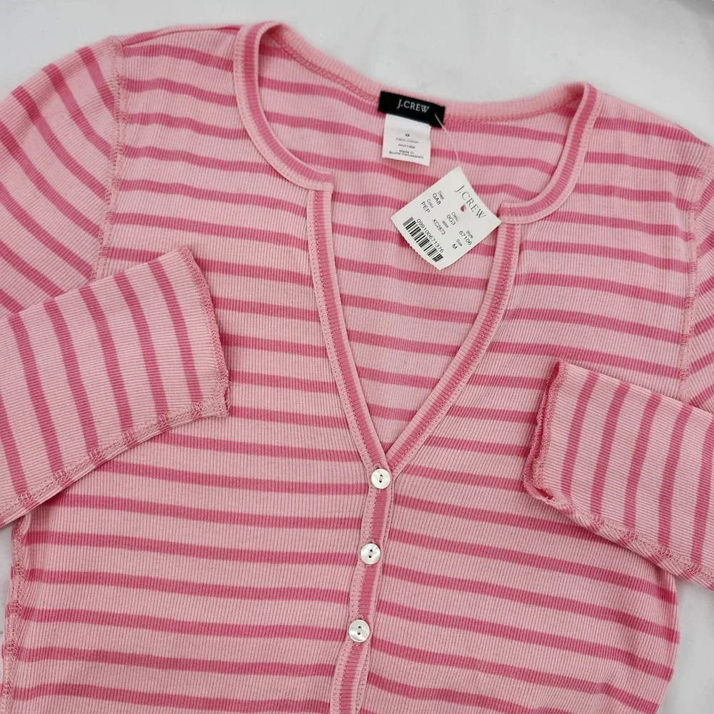J.Crew Y2K Retro 2000s Preppy Ribbed Knit Henley Top Size M Pink Striped NWT